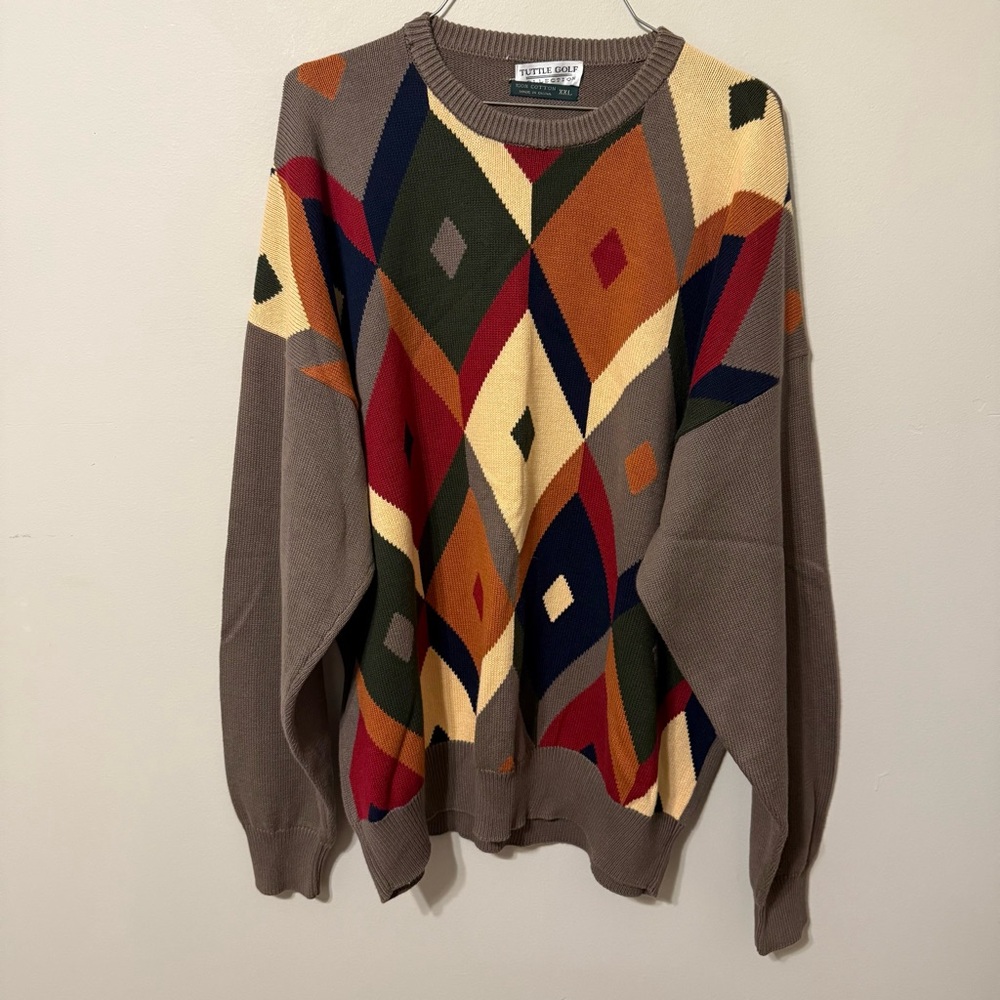 Vintage Crewneck Sweater with Multicolor Geometric Design